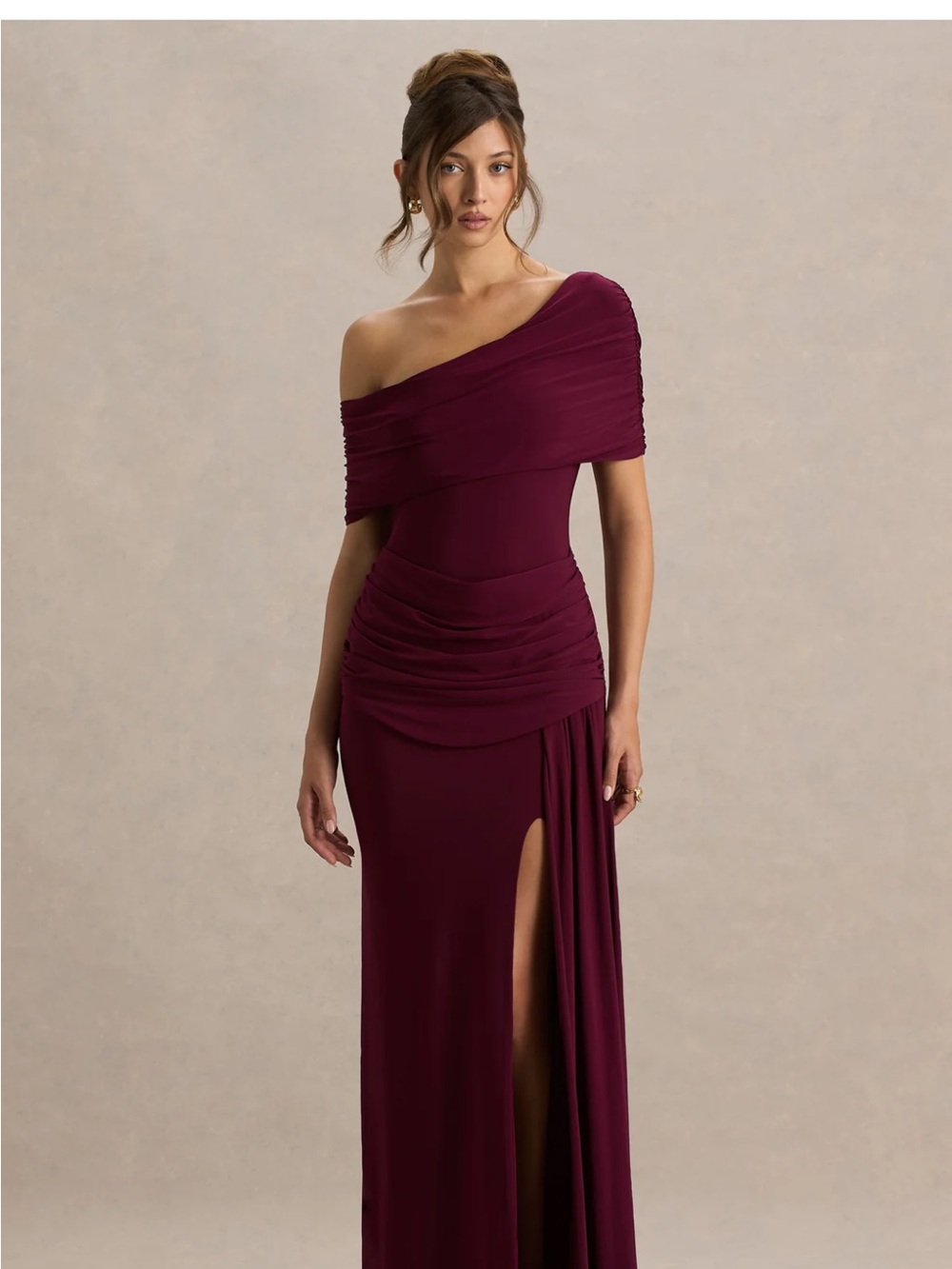 Club London One-Shoulder Gown with Side Slit and Ruched Waist